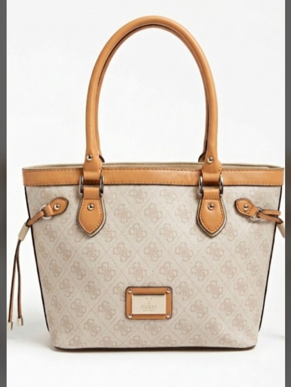 Vintage Y2K GUESS Cream & Tan Monogram Tote Bag In Very Good Condition